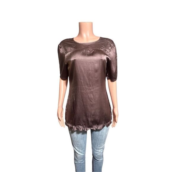 Pulp women button back short sleeve walnut rayon solid  blouse M - Picture 2 of 7